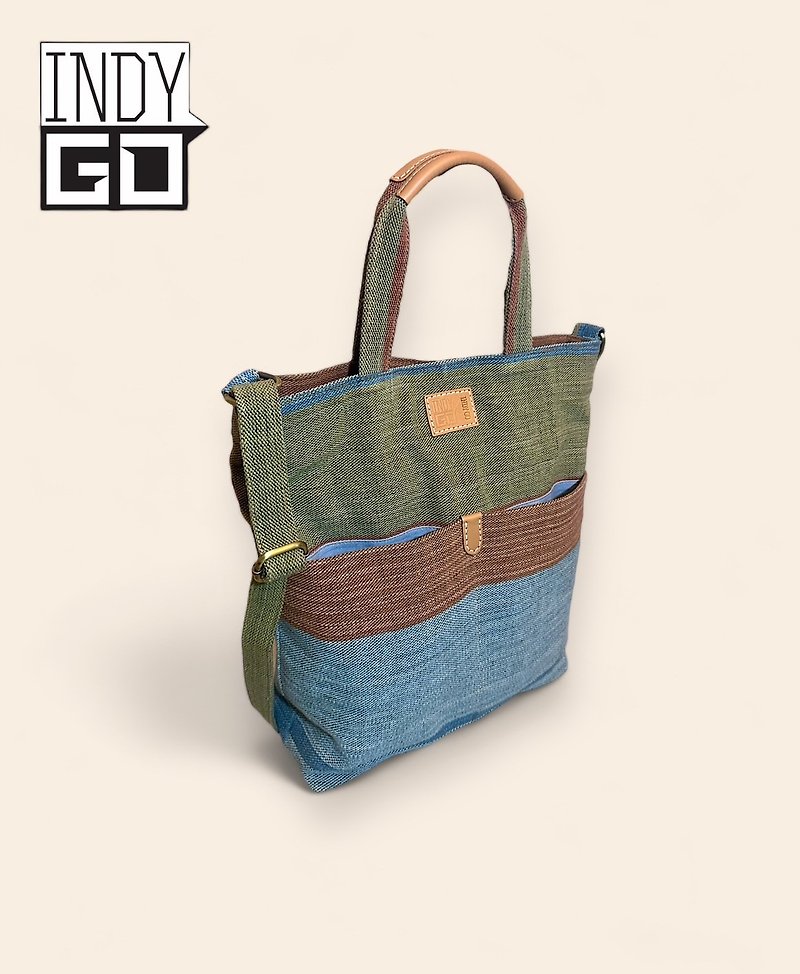 INDYGO 003 Laptop bag, Hand-woven fabric, 2-way Bag - Laptop Bags - Cotton & Hemp Green