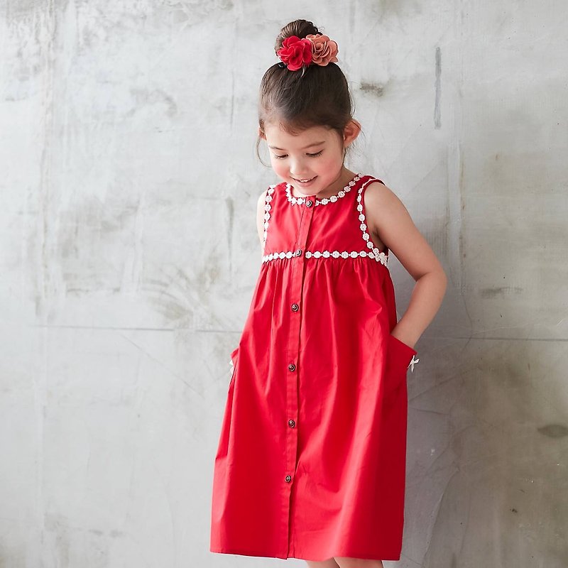 Red Lace-Trim Button-Front Sleeveless Dress - อื่นๆ - ผ้าฝ้าย/ผ้าลินิน สีแดง
