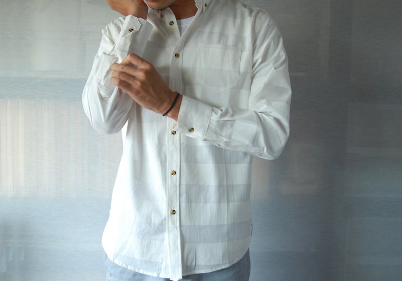 簡単な手作りjainjain保存/わがままな実験フィンガープリントのシャツ、白のカラーストライプ - シャツ メンズ - コットン・麻 ホワイト