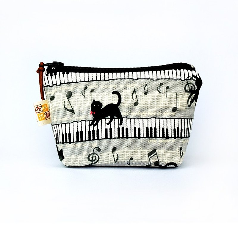 Piano black cat small storage bag _ gray - กระเป๋าใส่เหรียญ - ผ้าฝ้าย/ผ้าลินิน สีเทา