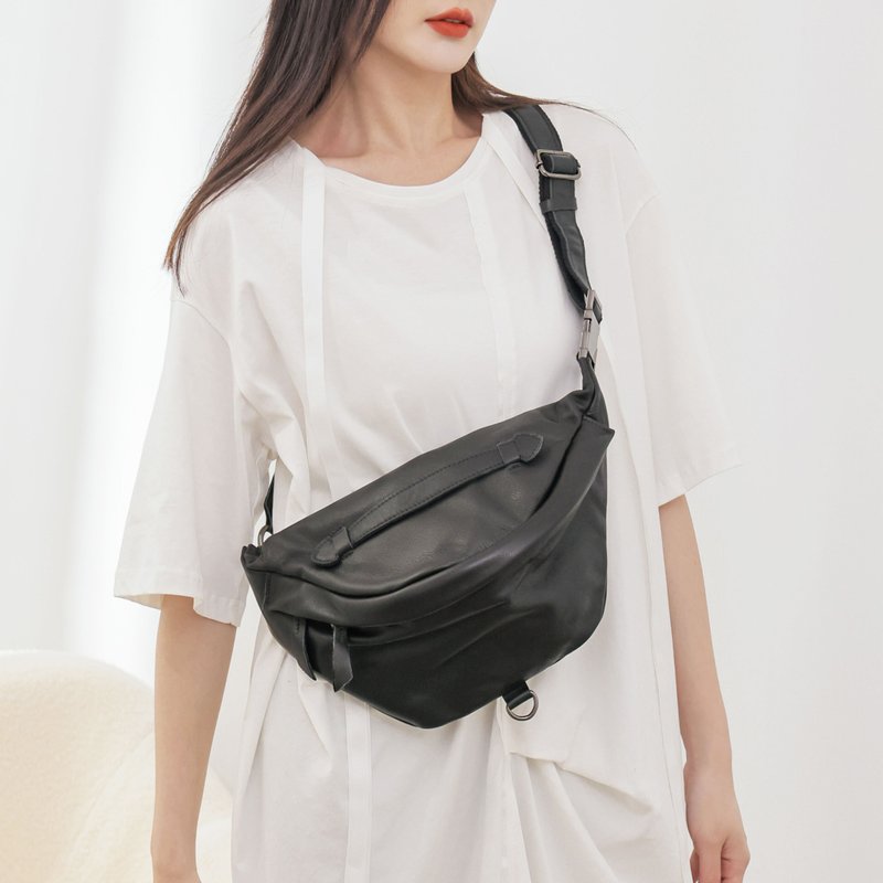 Unisex oval cross-body waist bag backpack-black - Messenger Bags & Sling Bags - Genuine Leather Black