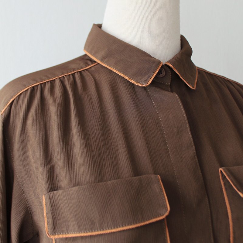 聚酯纖維 女襯衫 咖啡色 - 春夏復古拼接剪裁個性日本製長袖咖啡色古著襯衫