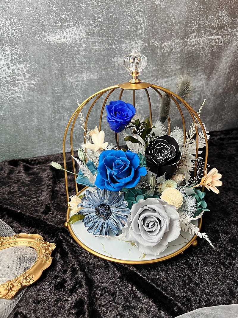 【flower-of-life】Golden luxury bird cage eternal flower gift earl blue flower stand congratulatory flower gift - Dried Flowers & Bouquets - Plants & Flowers Blue