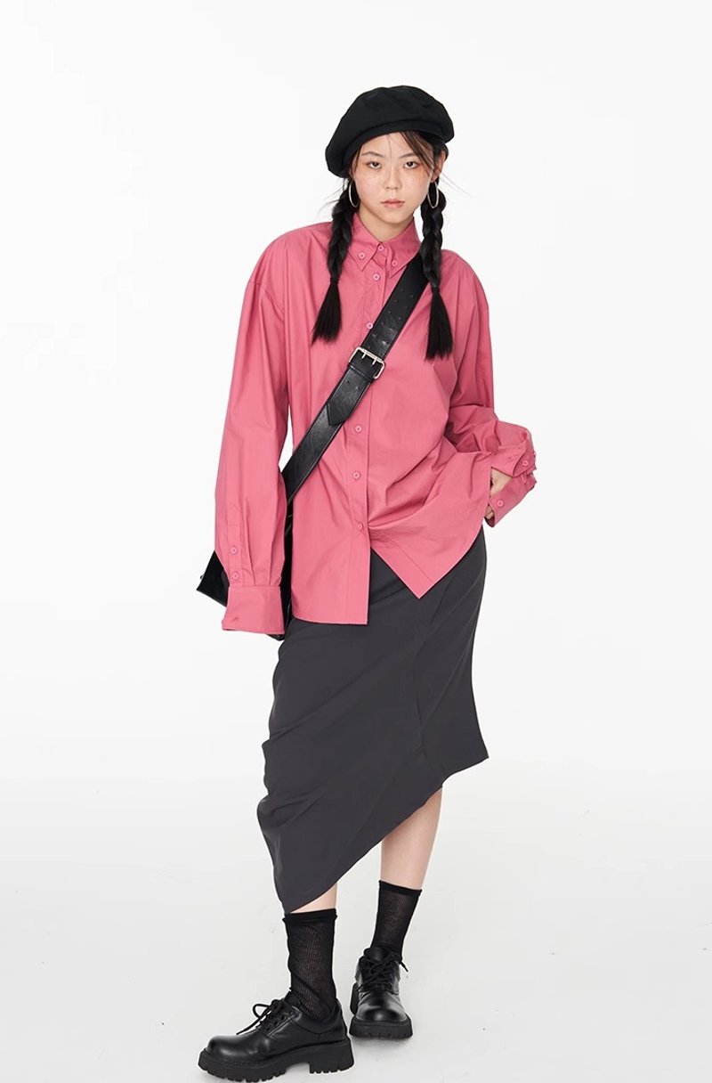 EMBLEM shoulder pleated sleeves brand loose shirt - Women's Shirts - Other Materials Pink