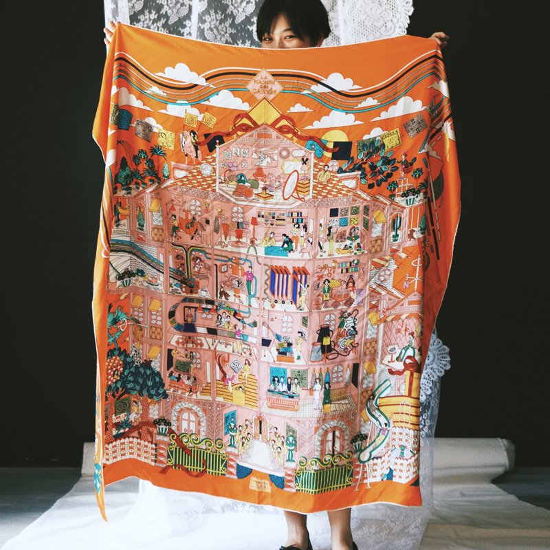 A ROOM MODEL - VINTAGE， HERMES橘色房子巨幅絲巾 / PA-0111 - 絲巾 - 絲．絹 橘色