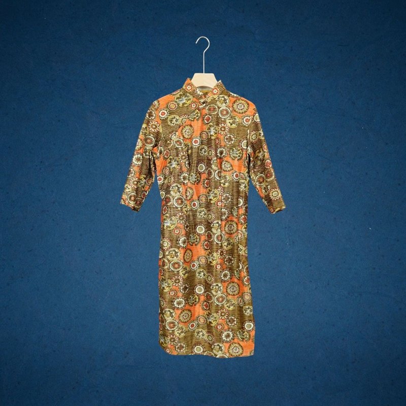 二手 茶咖啡色 條紋花圈印花 古董訂製 七分袖 旗袍 CA0803 - 洋裝/連身裙 - 聚酯纖維 咖啡色