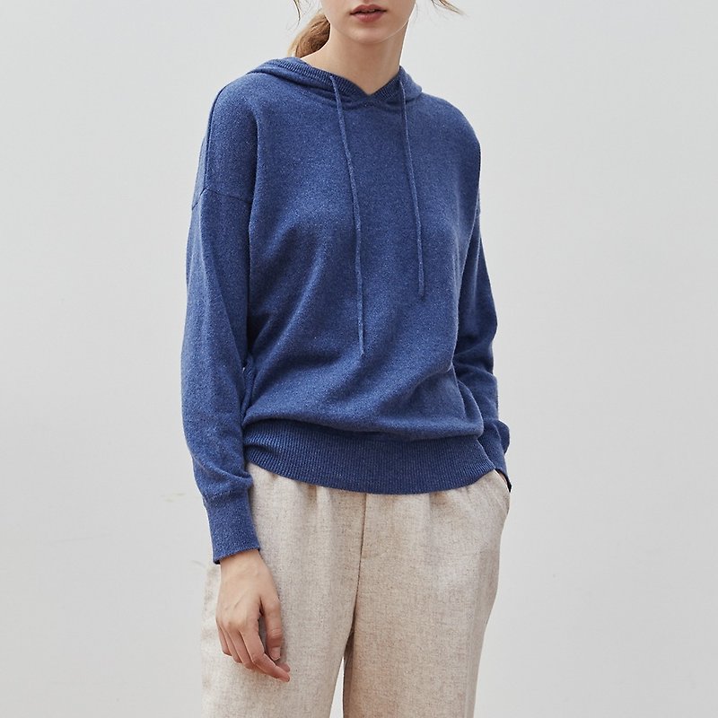 Age-receiving blue skin-friendly 100% cashmere hooded sweater Cashmere Turbo University T-shirt - Women's Sweaters - Wool Blue