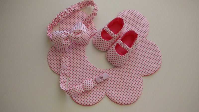 粉點點彌月禮物 花型圍兜+髮帶+嬰兒鞋+奶嘴夾 - 男/女童鞋 - 其他材質 粉紅色