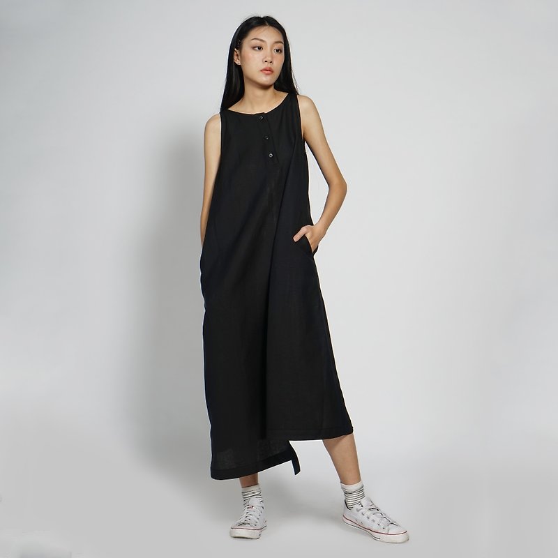 Black and white cut 17SS asymmetric length squeeze the side of the long dress black split - One Piece Dresses - Cotton & Hemp Black