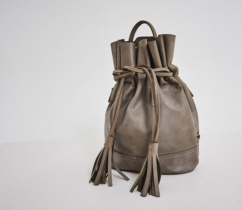 Drawstring tassel hand strap after backpack gray - Backpacks - Genuine Leather Brown