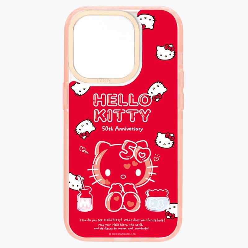 HelloKitty 50th Anniversary - Bubble Full Version Translucent Pink Frame iPhone 14 13 - เคส/ซองมือถือ - วัสดุอีโค สีแดง