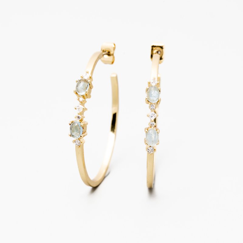 Aquamarine 3.5cm European and American C hoop earrings, 14k gold plated anti-allergic steel needle hoop earrings - ต่างหู - เครื่องประดับพลอย สีน้ำเงิน