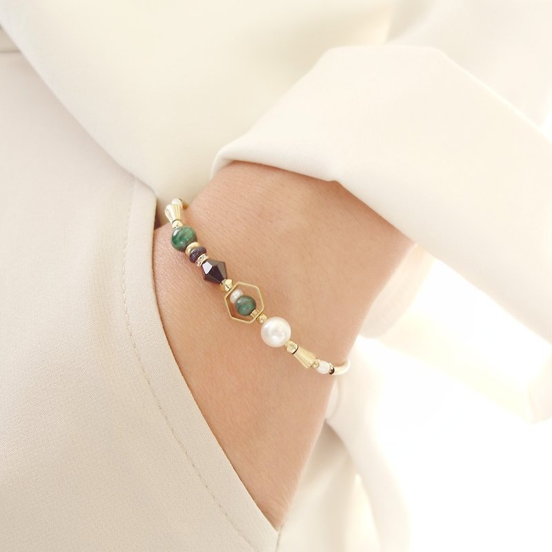 [Planets] geometric series Black Onyx / Malachite bracelet brass design - Bracelets - Gemstone Multicolor