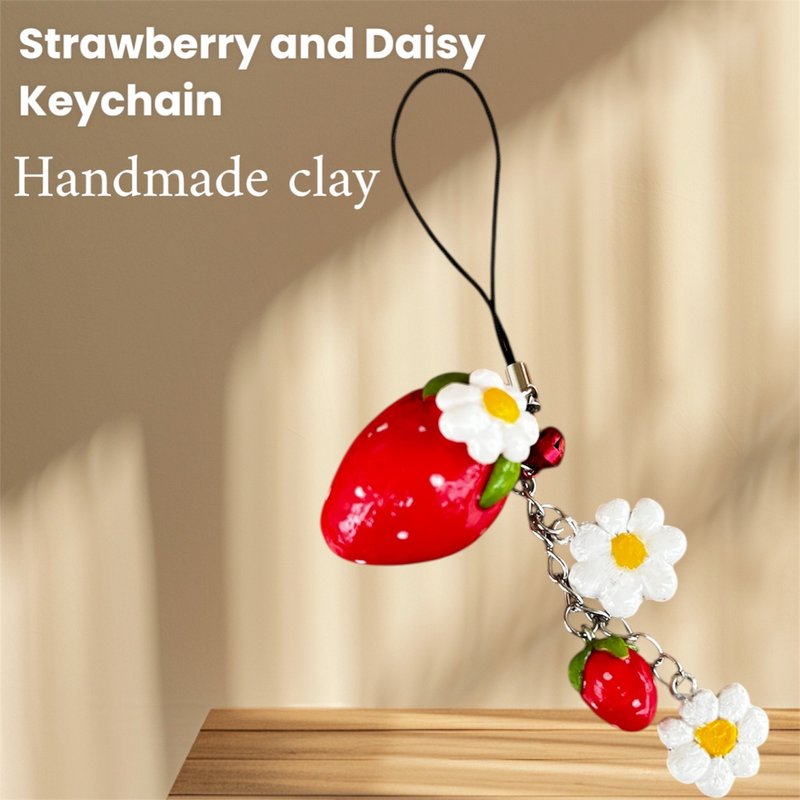Strawberry & Daisy Keychain Handmade Clay | Cute Gift | Fruit Keychain - 吊飾/掛飾 - 黏土 