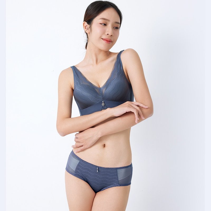 Pink Lady Wireless BC Cup Indigo Corrugated Slightly Thickened Lined Breathable Side Back Panel One Piece Bra - Women's Underwear - Other Man-Made Fibers Blue