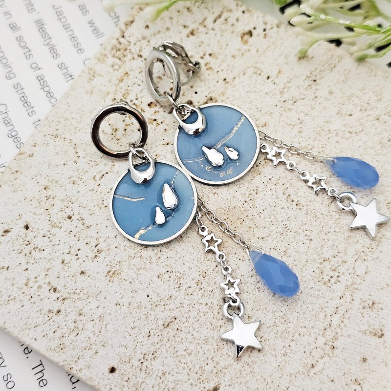 Azure - Clip Earrings Needle Earrings Stainless Steel Hypoallergenic - ต่างหู - โลหะ สีน้ำเงิน