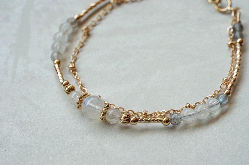 Eros - 14K Gold Moonstone/Labradorite Double Link Bracelet - สร้อยข้อมือ - เครื่องประดับพลอย ขาว