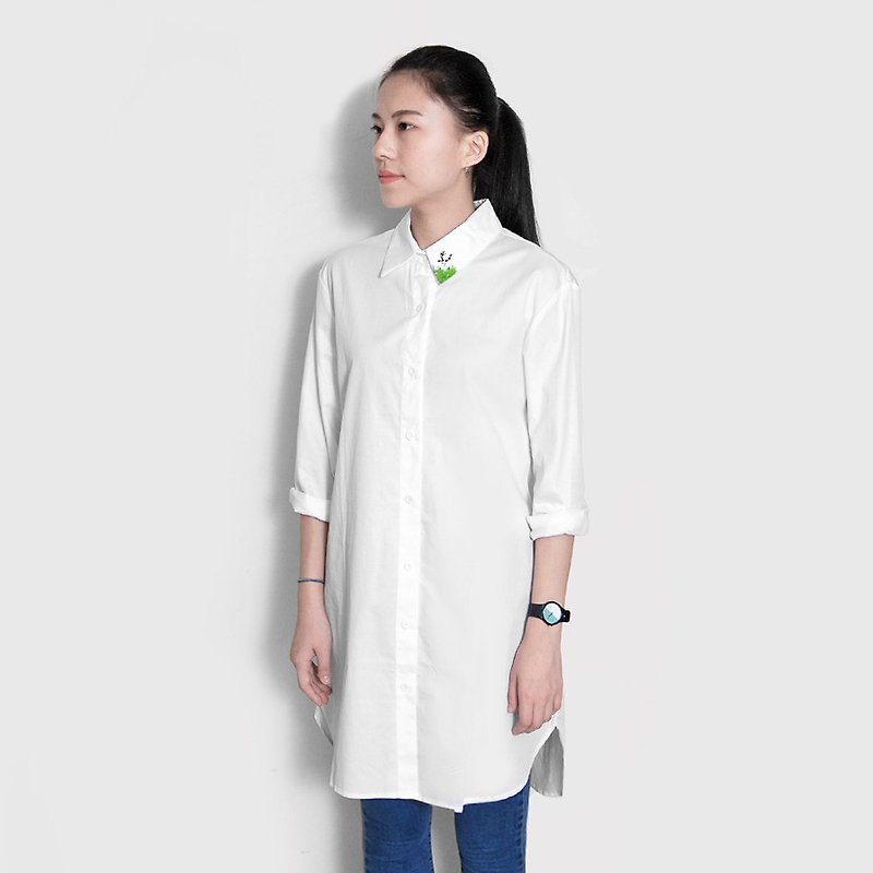 [Last] a deer collar / vain Simple Long Shirt - เสื้อเชิ้ตผู้หญิง - วัสดุอื่นๆ ขาว