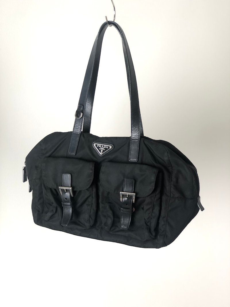 [Direct from Japan, branded used bag] PRADA Prada Triangle logo double pocket tote bag black nylon vintage u76z43 - กระเป๋าถือ - ไนลอน สีดำ