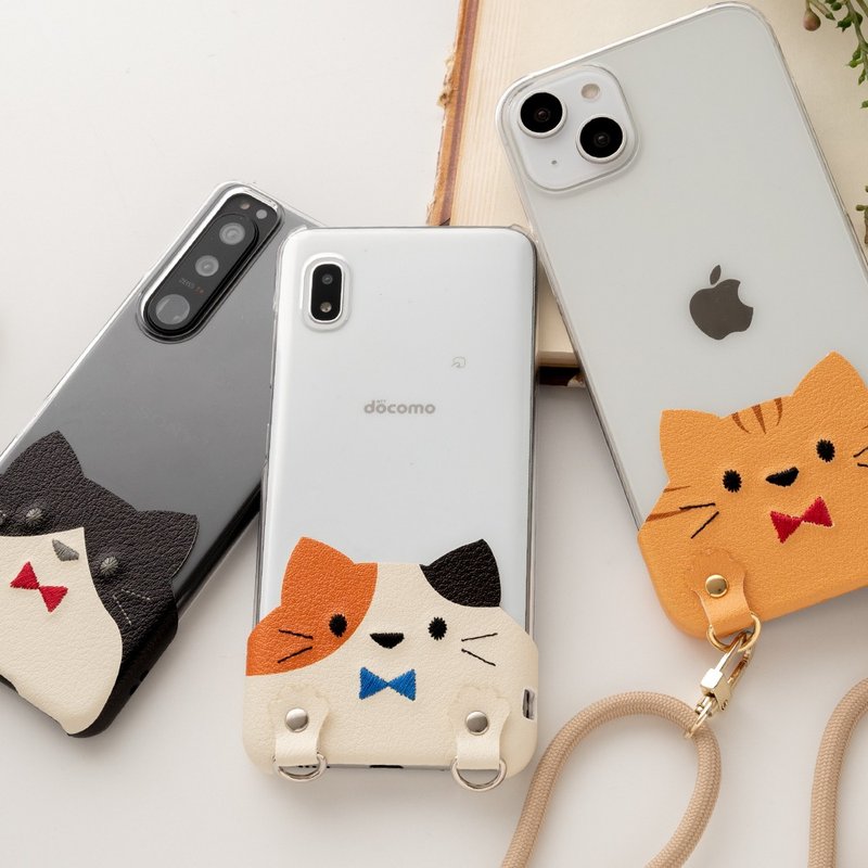 旅のお供に 全機種対応 スマホケース ちょいまる 【 刺繍 リボン 猫 02 】 スマホショルダー クリア 三毛 茶トラ A216I - 手機殼/手機套 - 真皮 透明