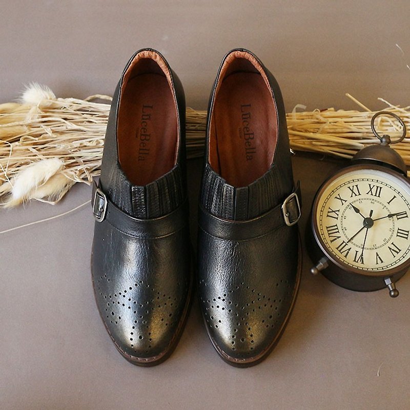 【Retro era】Hand Polished Carved Shoes - Black - Women's Oxford Shoes - Genuine Leather Black