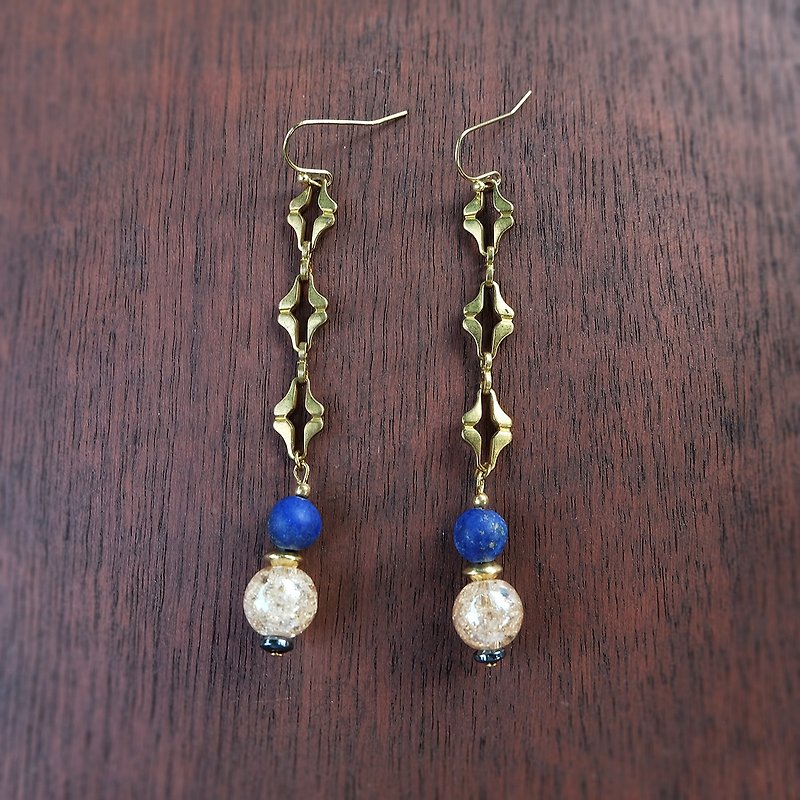 Lapis and Ice quartz Brass chain earrings (code :che001) - Earrings & Clip-ons - Stone 