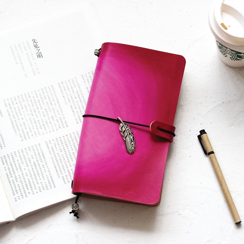 玫紅暈染手帳本真皮筆記本 日記本TN旅行本 記事本 可客製化禮物 - 筆記簿/手帳 - 真皮 粉紅色