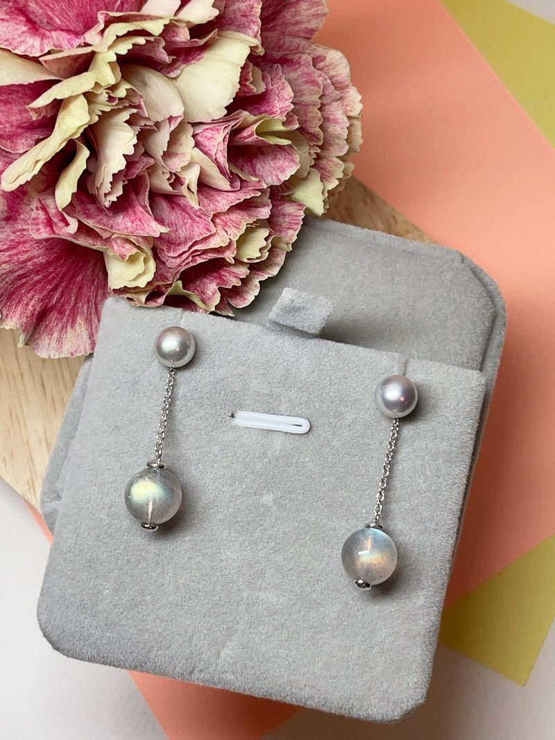 S925 sterling silver seawater Linen pearl and labradorite earrings - ต่างหู - ไข่มุก สีเงิน