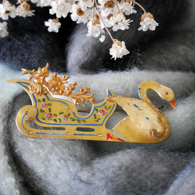 古董金色雕花手繪玫瑰天鵝別針胸針 巴黎購入 極少見 B1719 - 胸針 - 其他金屬 金色