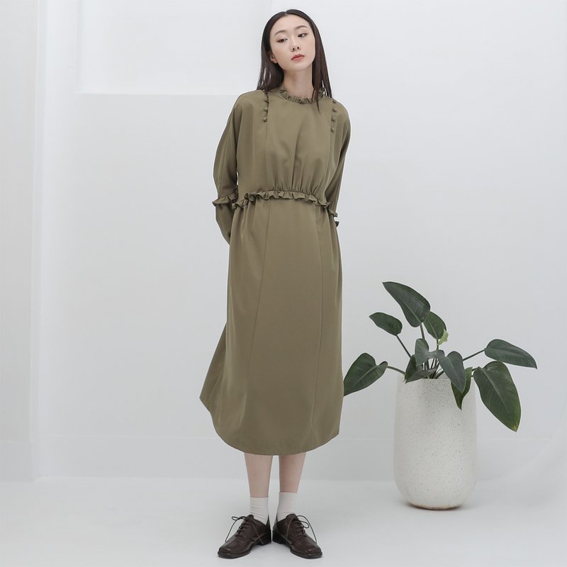 Xiangyi_相依細褶洋裝_22AF106_橄欖 - 洋裝/連身裙 - 聚酯纖維 綠色
