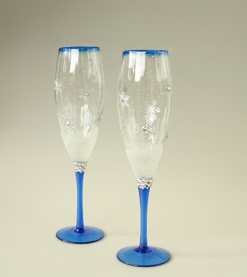 Snowflakes Winter Wedding Champagne Glasses, set of 2 - 酒杯/酒器 - 玻璃 銀色