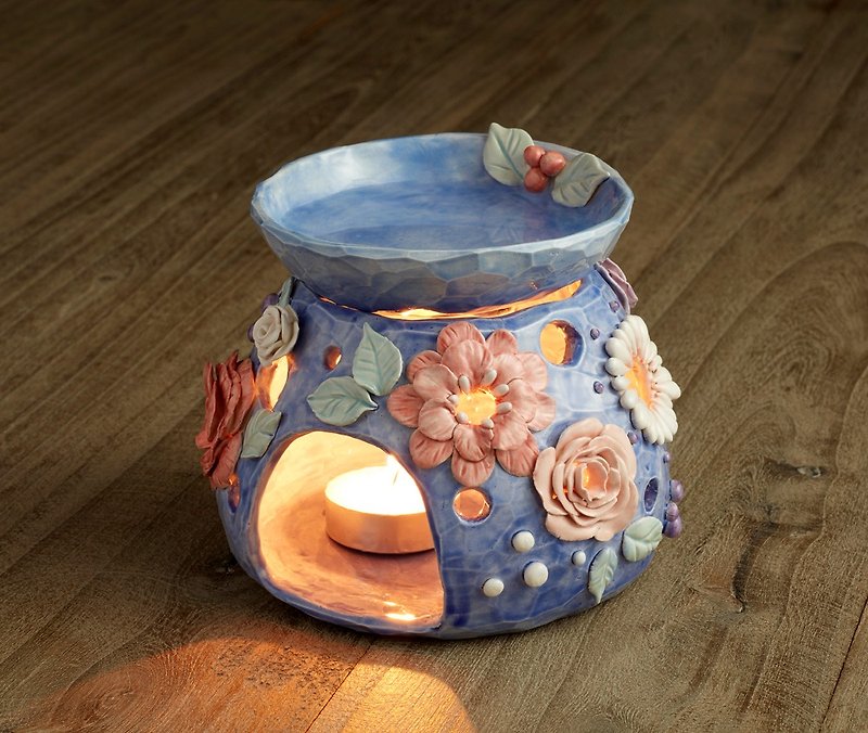 手工陶作香薰爐（二）－《燦爛花火》 - 花瓶/花器 - 陶 藍色