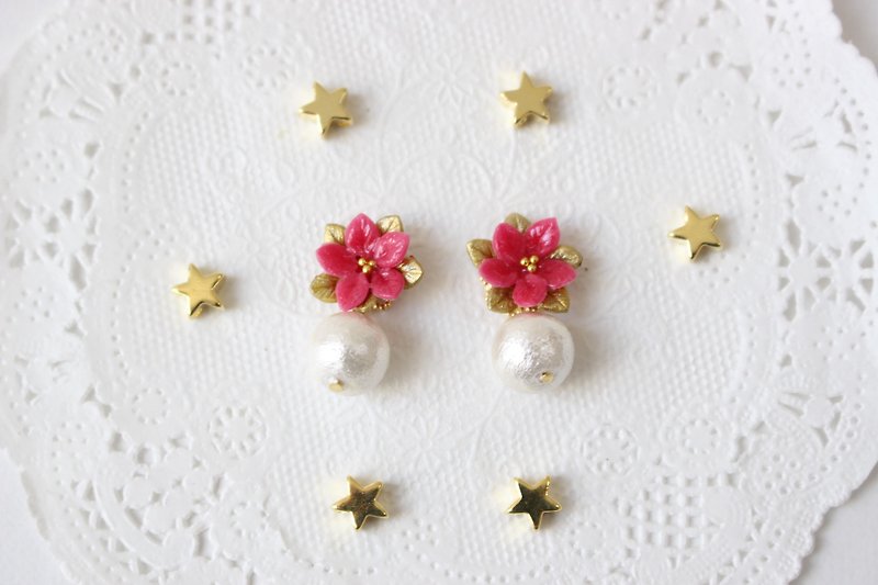 Poinsettia and cotton pearl Clip-On - Earrings & Clip-ons - Clay Red