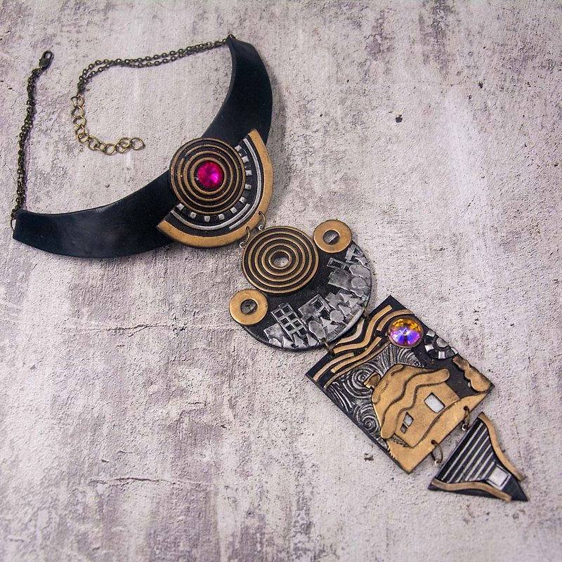 Black Statement necklace geometrical gold and silver Bib necklace wearable art - สร้อยคอ - พลาสติก สีเงิน