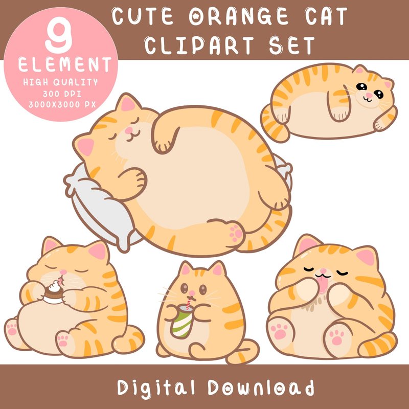 Cute Orange Cat Collage | Hand Drawn Cat PNG | Kawaii Kitty Sublimation Graphics - 電子似顏繪/繪畫/插畫 - 其他材質 