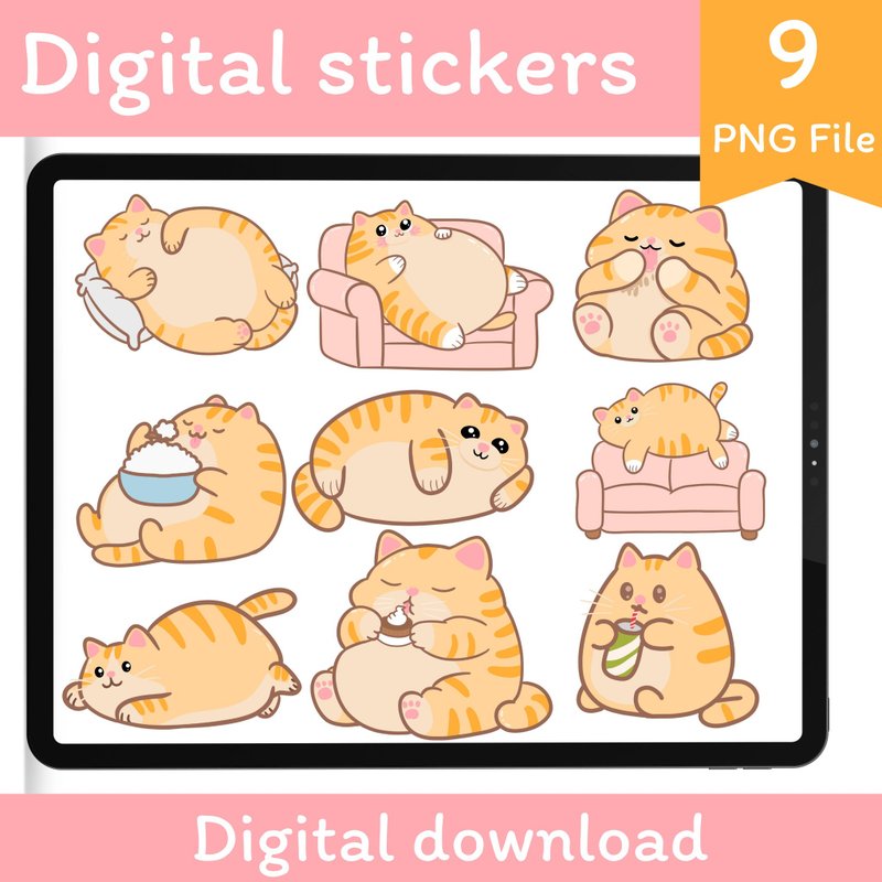 かわいいオレンジの猫のデジタルステッカー | 手描き猫 PNG - デジタルプランナー - その他の素材 