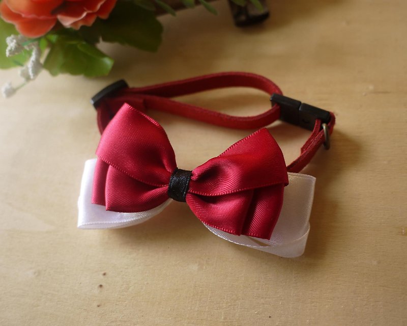 Safety Pet Collar x Elegant Wine Red Cat/Dog/Neckband/Bow Tie - ปลอกคอ - ผ้าฝ้าย/ผ้าลินิน สึชมพู