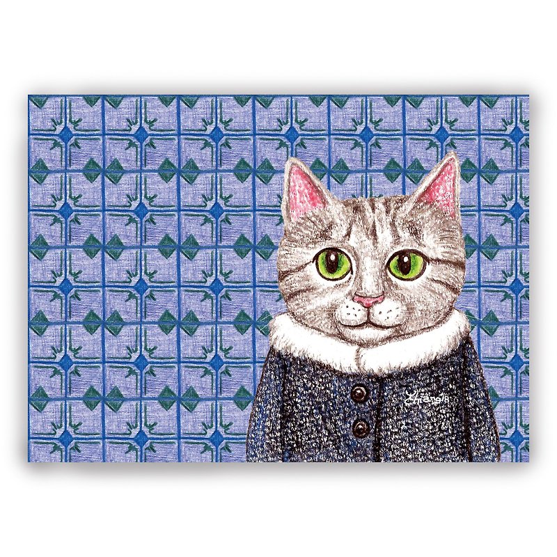 Hand-painted illustration universal card/postcard/card/illustration card--retro tile 03+coat gray tabby cat - Cards & Postcards - Paper 