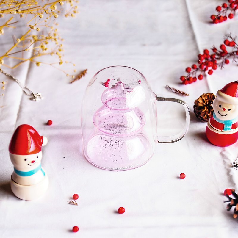 Christmas pink silver double glass - แก้วมัค/แก้วกาแฟ - แก้ว สึชมพู