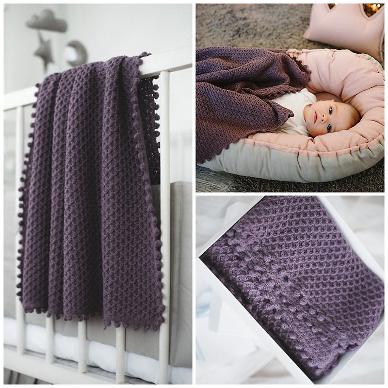 Dark purple soft knitted woolen blanket - alpaca and sheep wool baby blanket - 嬰兒床墊/睡袋/枕頭 - 羊毛 紫色