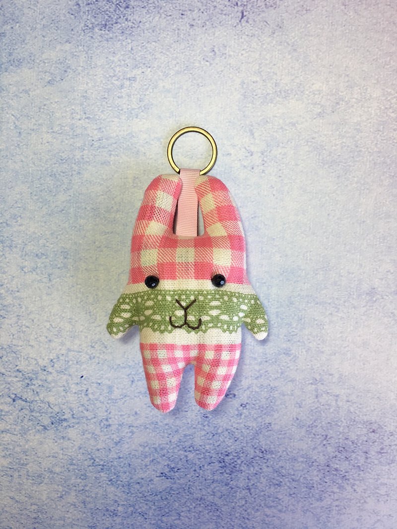 +粉格面紗+兔子鑰匙圈 - 吊飾 - 棉．麻 粉紅色