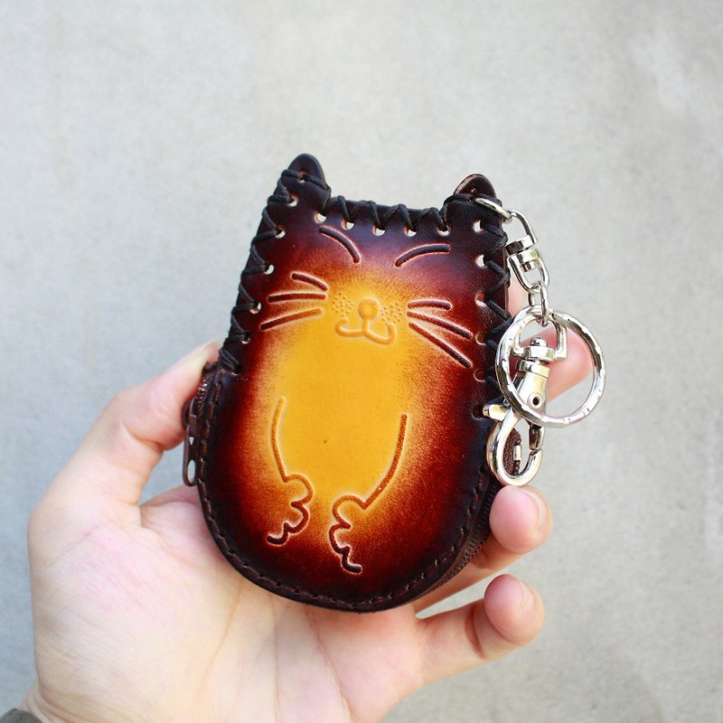 Chubby Sleeping Cat Coin Purse / Key Ring - Coin Purses - Genuine Leather Brown