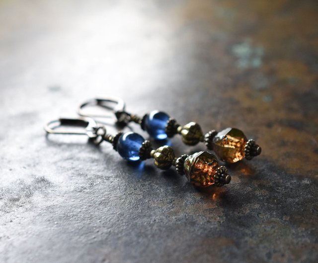 Uranium glass and royal blue vintage beads, Temari brass earrings