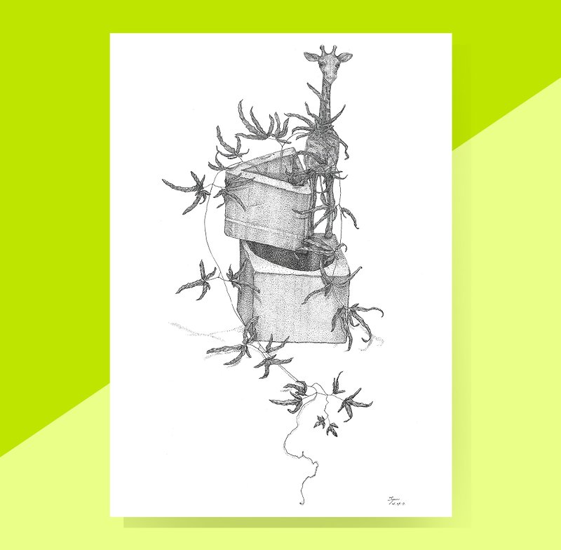 Lygodium japonicum &  Plastic toy Zebra illustration - การ์ด/โปสการ์ด - กระดาษ สีเทา