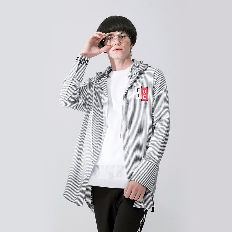 ユニセックスストライプハットロングストライプシャツジャケット/白黒 - シャツ メンズ - コットン・麻 ブラック