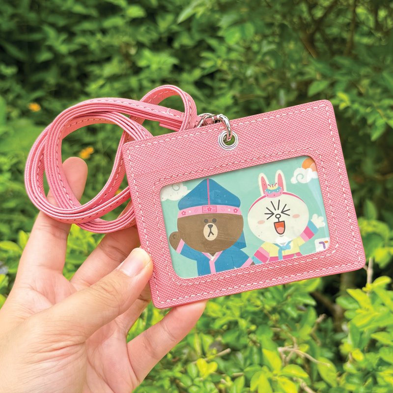 【ID Card Holder】Pink Saffiano | W/ Lanyard | Handmade Leather in Hong Kong - ที่ใส่บัตรคล้องคอ - หนังแท้ สึชมพู