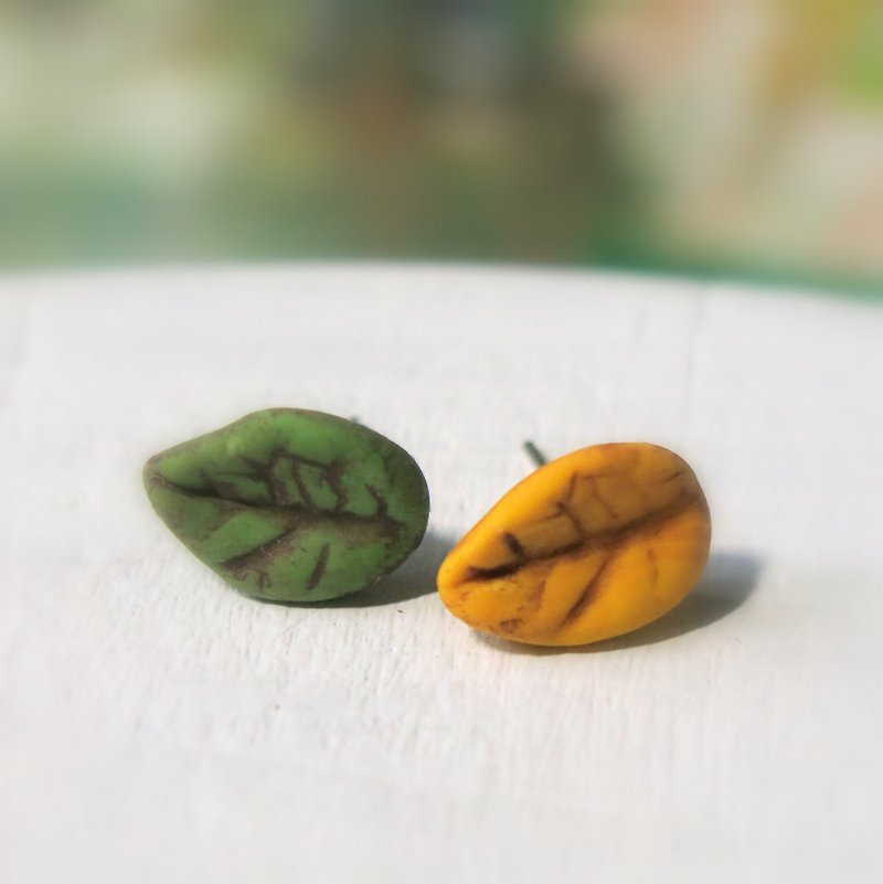Leaf earrings green yellow leaves ear pin or ear hook gift for her / handmade gi - Earrings & Clip-ons - Other Materials Yellow