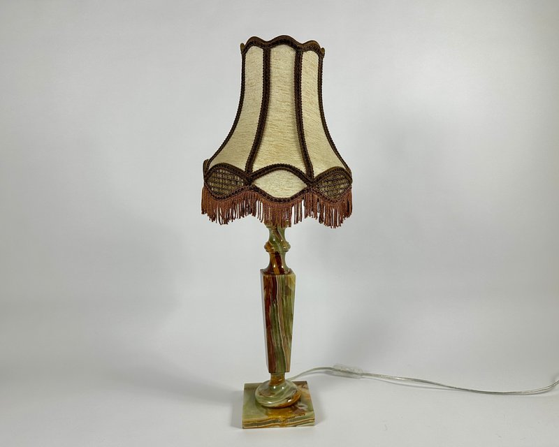 Vintage Table Lamp With Textile Shade Onyx Base, Bedside Light, Belgium, 1970s - Lighting - Stone Multicolor