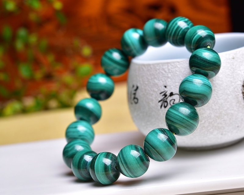 純天然極品孔雀石圓珠手鏈 珠經12mm 抗衰老 抗氧化 聚財神器 - 手鍊/手環 - 水晶 