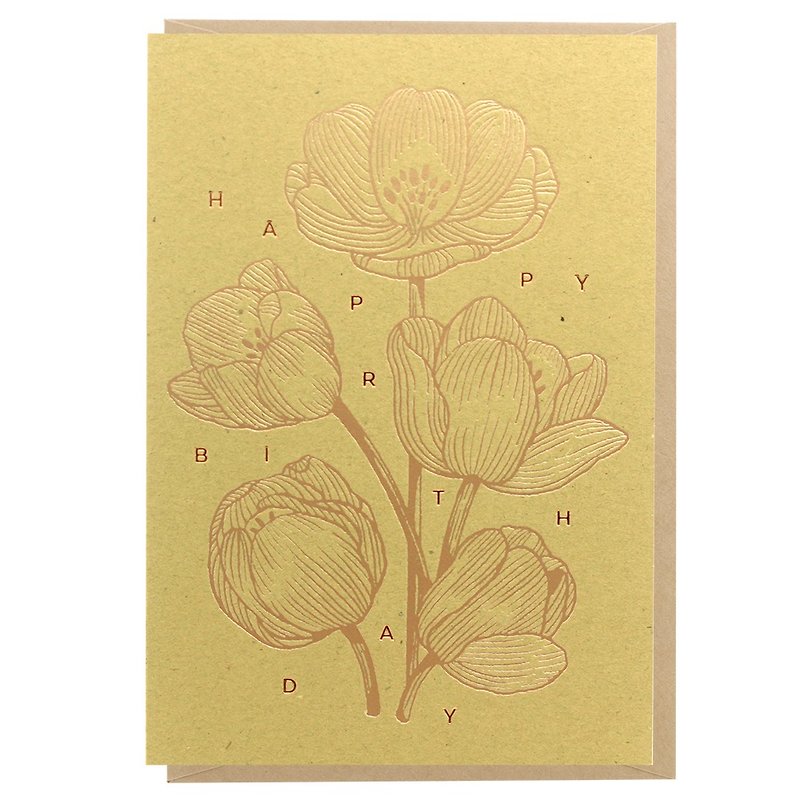 Happy Birthday Card - Vintage Tulip - Foil Printed - 心意卡/卡片 - 紙 金色